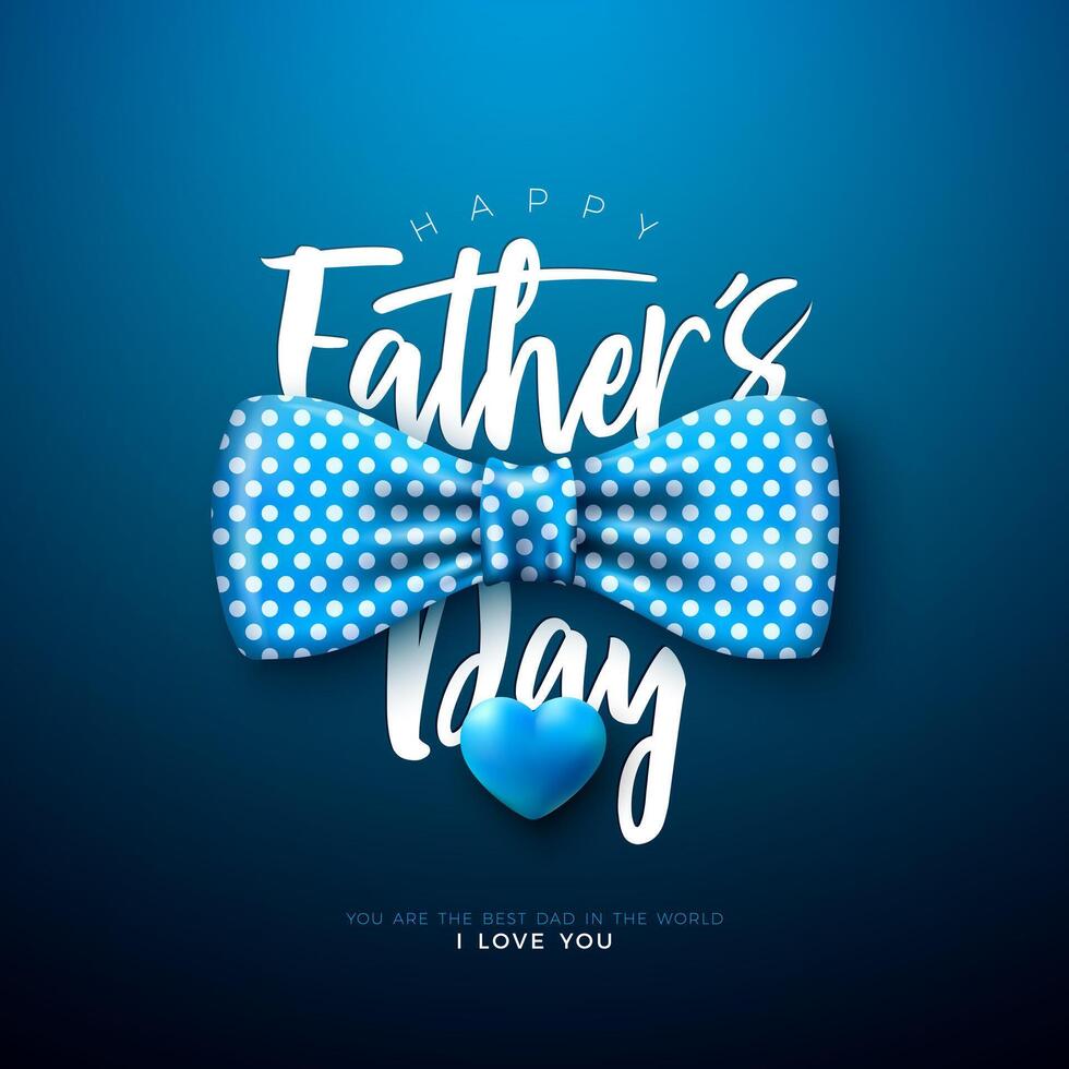 contento del padre día saludo tarjeta diseño con punteado arco Corbata y azul corazón en oscuro azul antecedentes. vector padres día celebracion ilustración para mejor papá. modelo para bandera, volantes o póster.