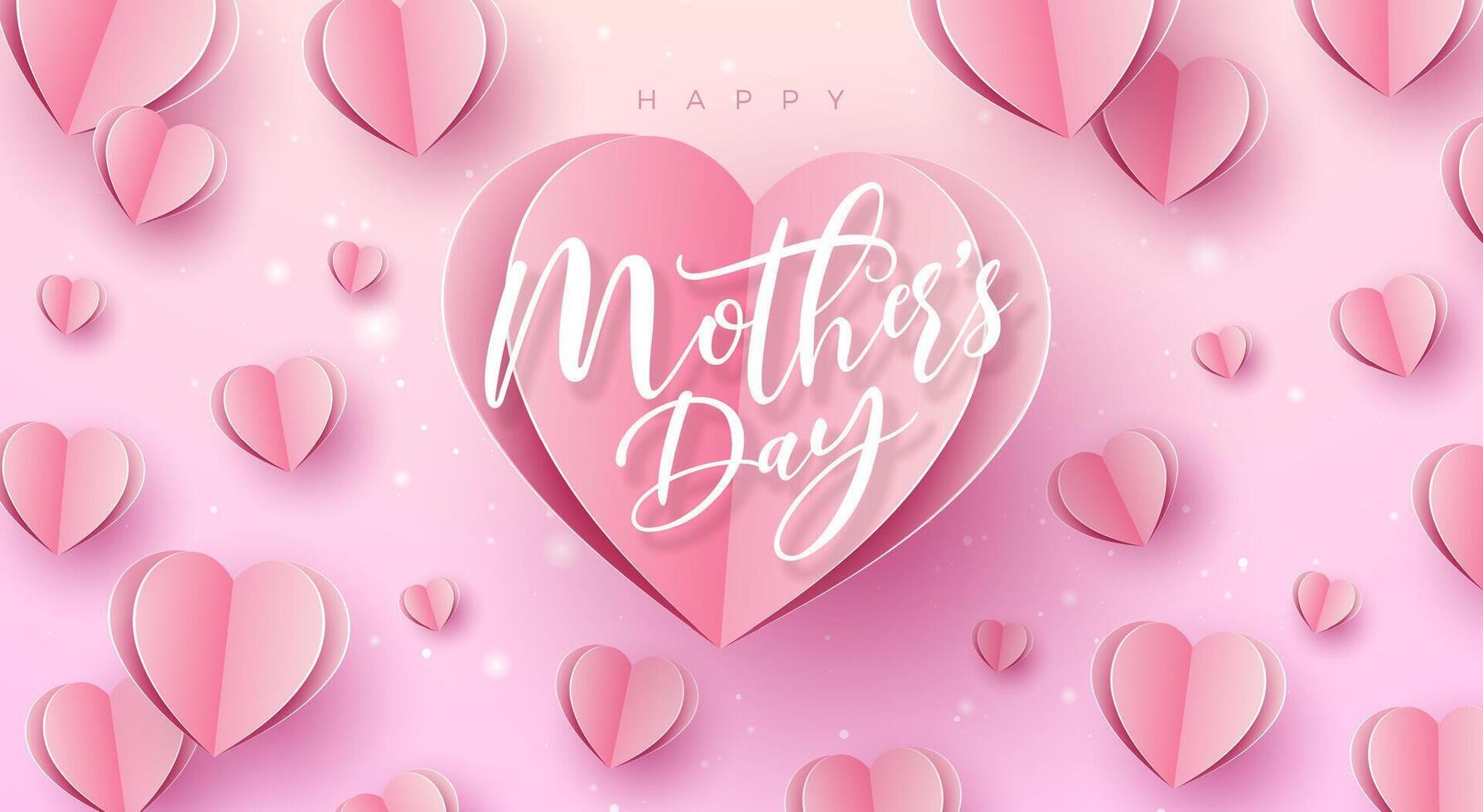 Happy Mother's Day Banner or Postcard with Paper Hearts and Typography Letter on Pink Background. Vector Mom Celebration Design with Symbol of Love for Greeting Card, Flyer, Invitation, Brochure