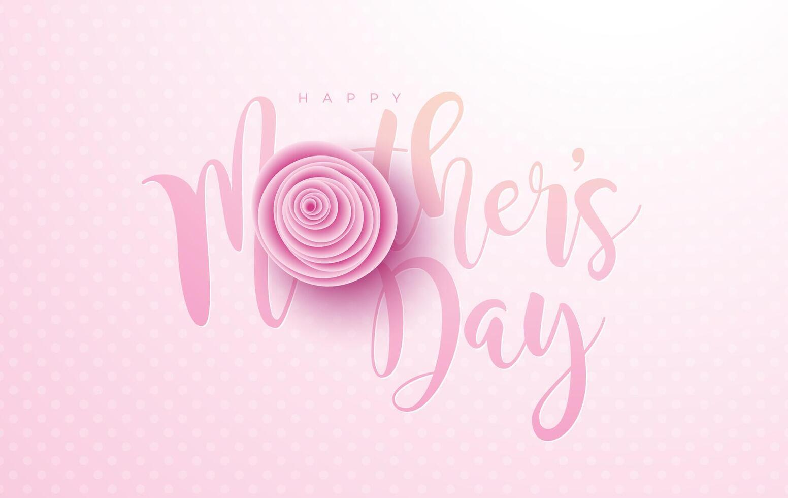 Happy Mother's Day Banner or Postcard with Paper Hearts and Rose Flower on Pink Background. Vector Mom Celebration Design with Symbol of Love for Greeting Card, Flyer, Invitation, Brochure, Poster.
