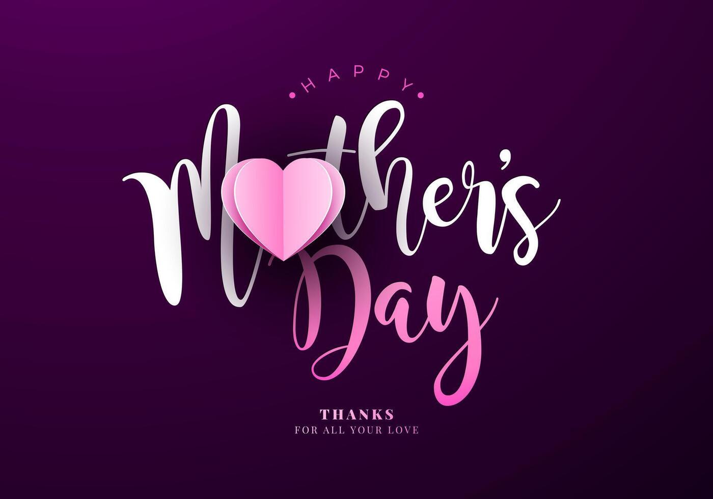 Happy Mother's Day Banner or Postcard with Pink Paper Hearts and Typography Lettering on Dark Violet Background. Vector Mom Celebration Design with Symbol of Love for Greeting Card, Flyer, Invitation