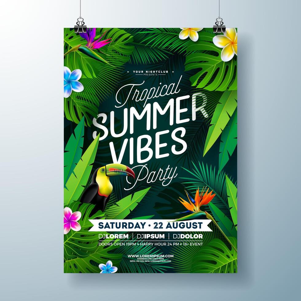 Tropical Summer Vibes Party Flyer Design with Flower, Tropical Palm Leaves and Toucan Bird on Dark Background. Vector Summer Beach Celebration Illustration Template with Typograpy Letter for Banner