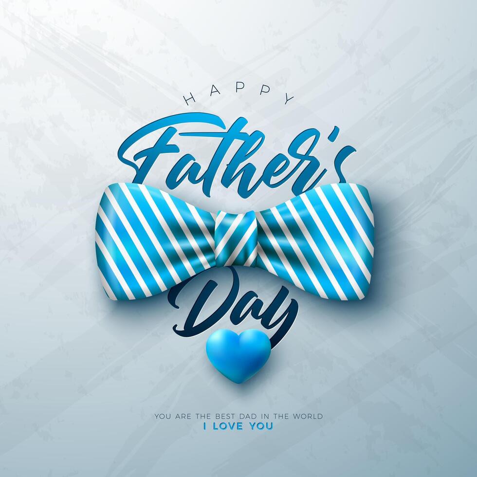 Happy Father's Day Greeting Card Design with Striped Bow Tie and Blue Heart on Light Background. Vector Fathers Day Celebration Illustration for Best Dad. Template for Banner, Flyer or Poster.