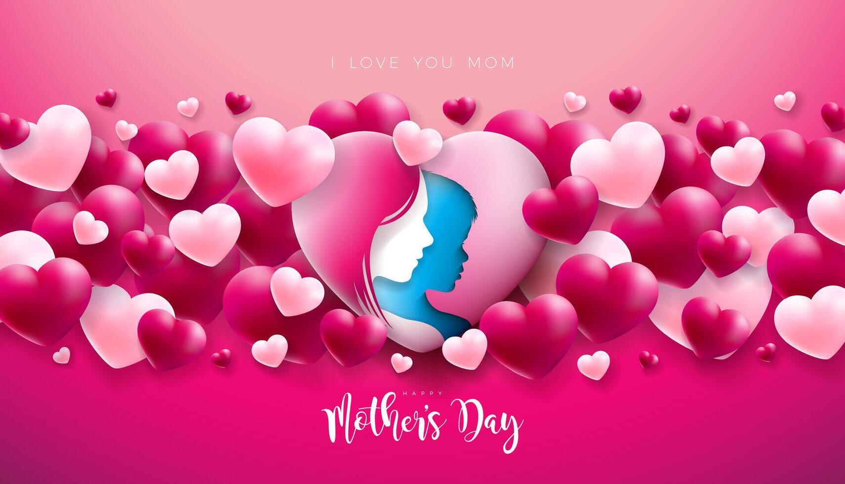 Happy Mother's Day Greeting Card Design with Woman Face and Child Silhouette in Loving Heart on Pink Background. Vector Mothers Day Illustration for Banner, Flyer, Invitation, Brochure, Poster.