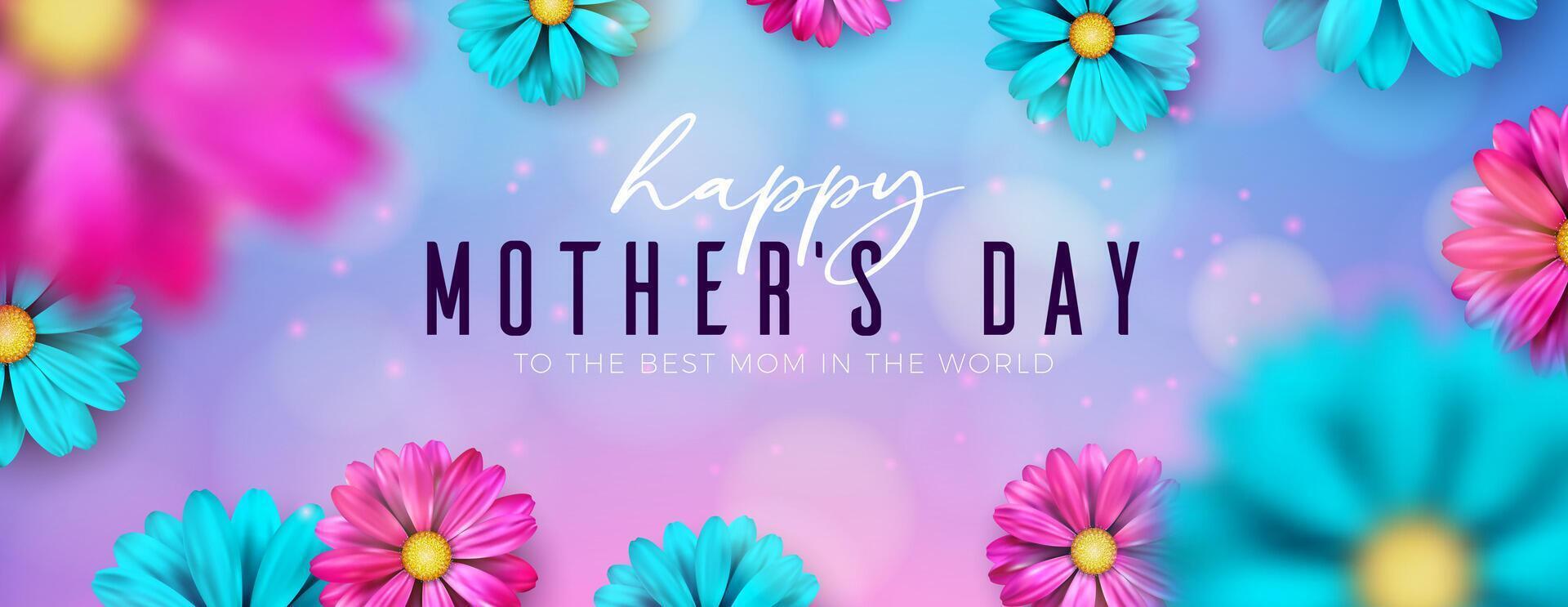 Happy Mother's Day Banner with Spring Flower and Typography Lettering on Blue Background. Vector International Mom Celebration Design with Symbol of Love for Postcard, Greeting Card, Flyer, Invitation