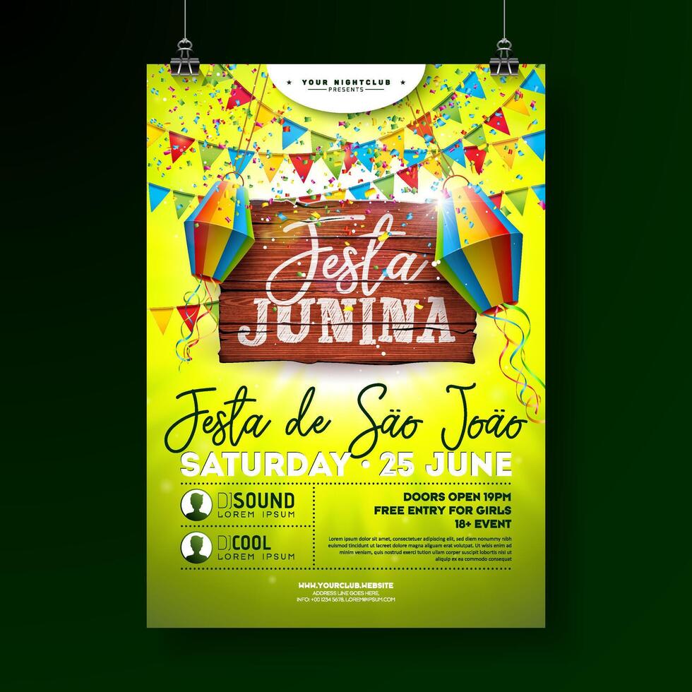 festa junina fiesta volantes ilustración con letras en Clásico madera tablero. banderas y papel linterna en verde antecedentes. vector Brasil sao joao festival diseño para invitación o fiesta celebracion