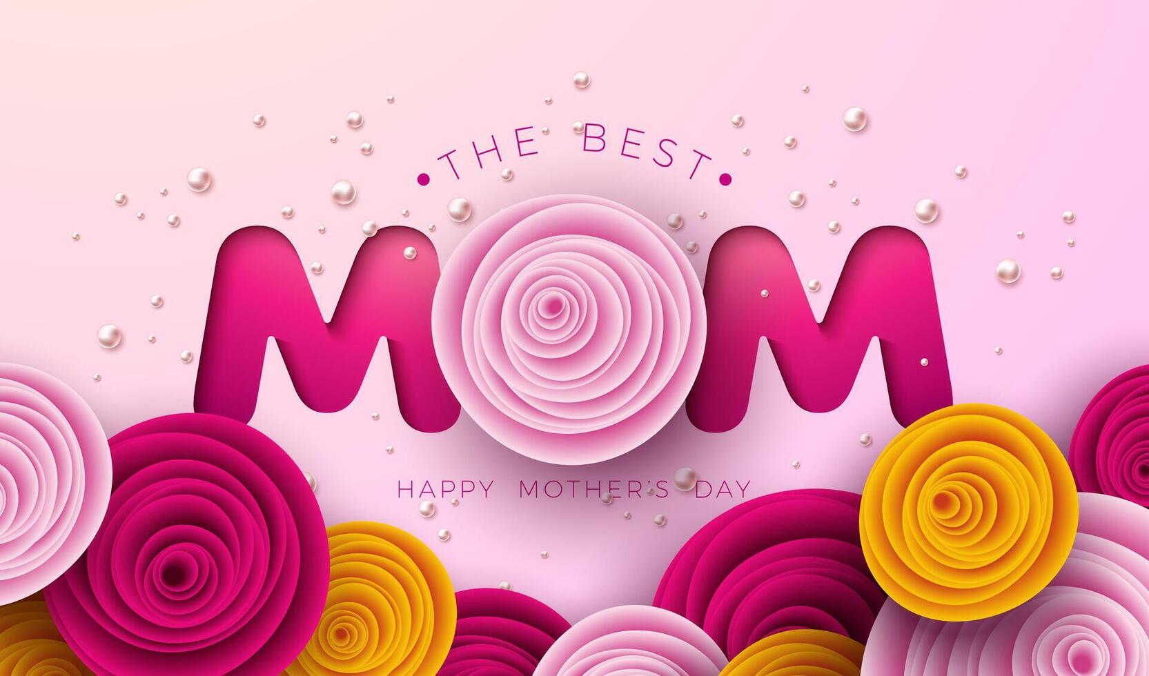 Happy Mothers Day Greeting Card Design with Colorful Rose Flower on Pink Background. Vector Best Mom Celebration Design with Typography Lettering for Postcard, Banner, Flyer, Invitation, Brochure