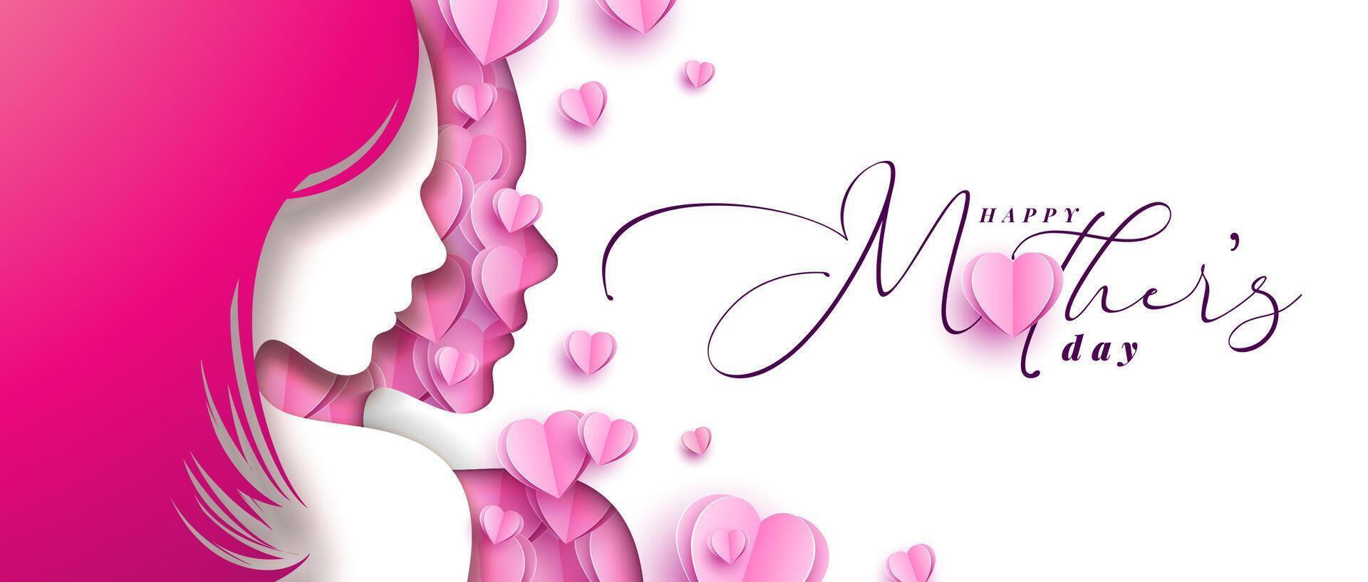 Happy Mother's Day Greeting Card Design with Flying Paper Heart in Woman Face Silhouette on White Background. Vector Mothers Day Illustration for Banner, Flyer, Postcard, Invitation, Poster, Brochure.