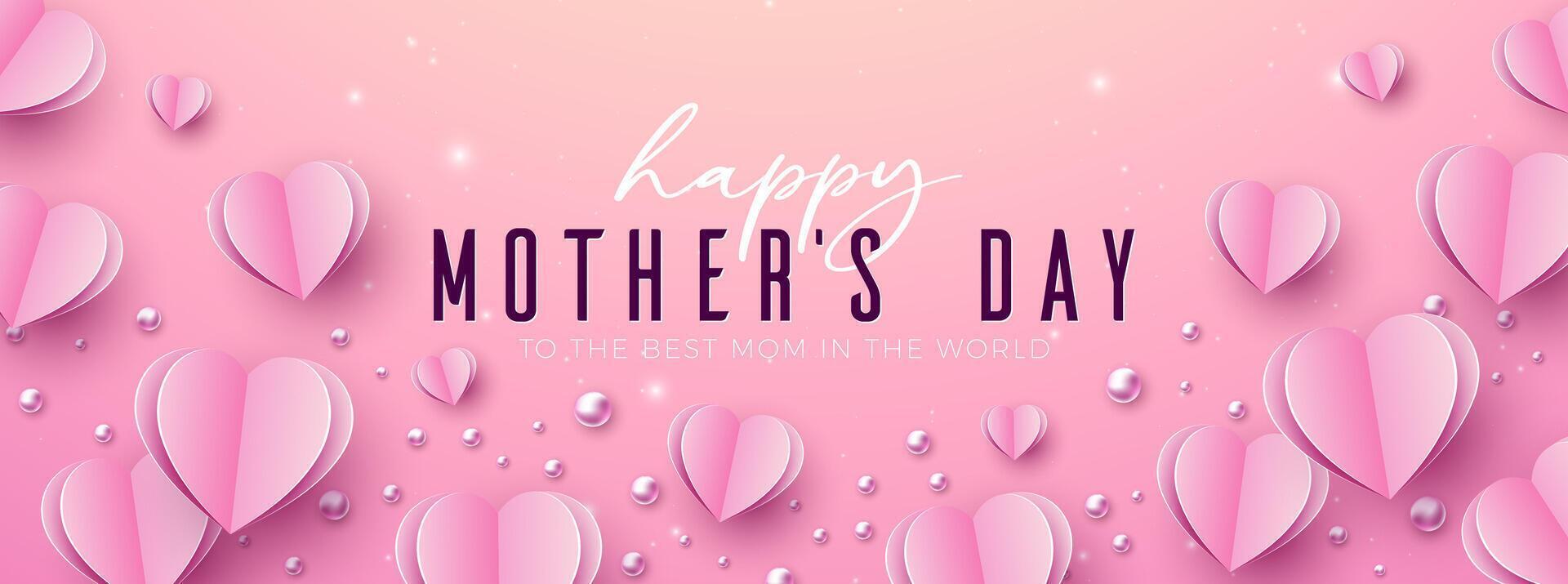 Happy Mother's Day Banner Design with Flying Heart and Typography Lettering on Dark Background. Vector Mom Celebration Illustration with Symbol of Love for Postcard, Greeting Card, Flyer, Invitation