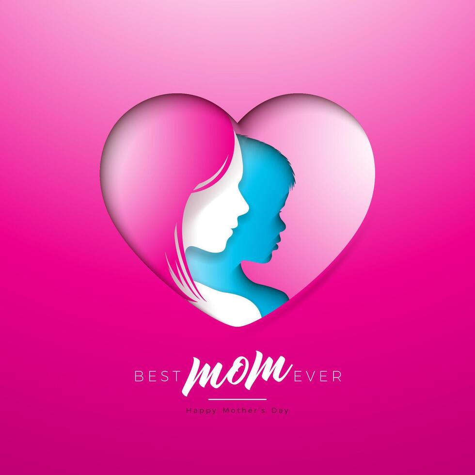 Happy Mother's Day Greeting Card Design with Woman and Child Face Silhouette in Heart Shape on Pink Background. Vector Mothers Day Illustration for Banner, Flyer, Invitation, Brochure, Poster.