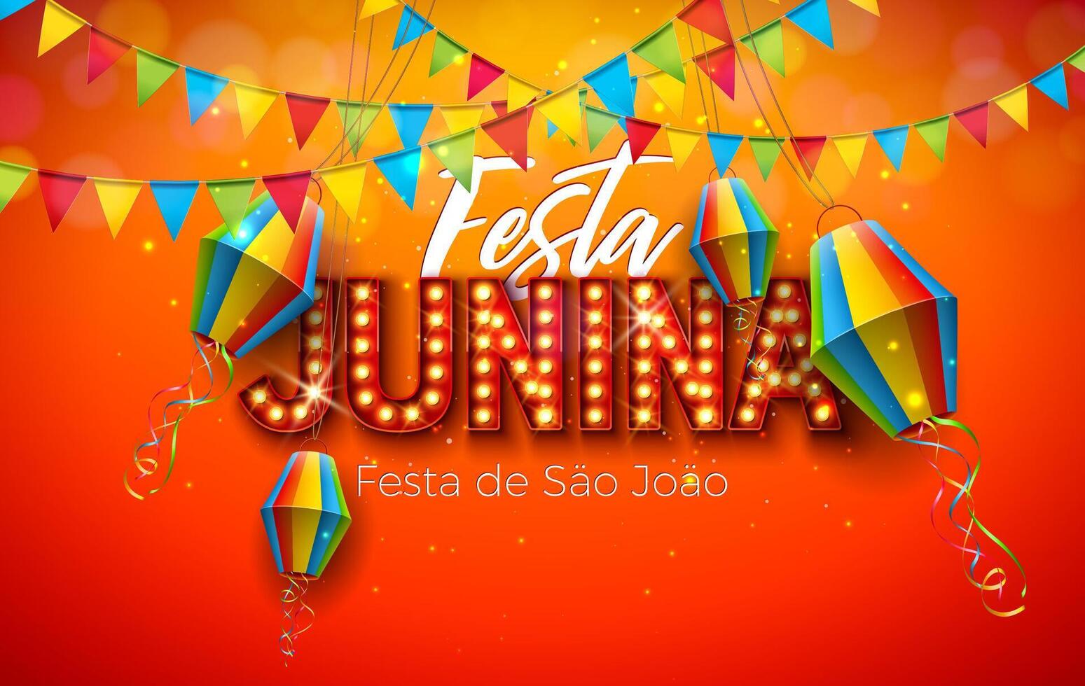 festa junina ilustración con fiesta banderas, papel linterna y ligero bulbo cartelera letra en amarillo antecedentes. vector Brasil sao joao junio festival diseño para saludo tarjeta, bandera o fiesta póster.