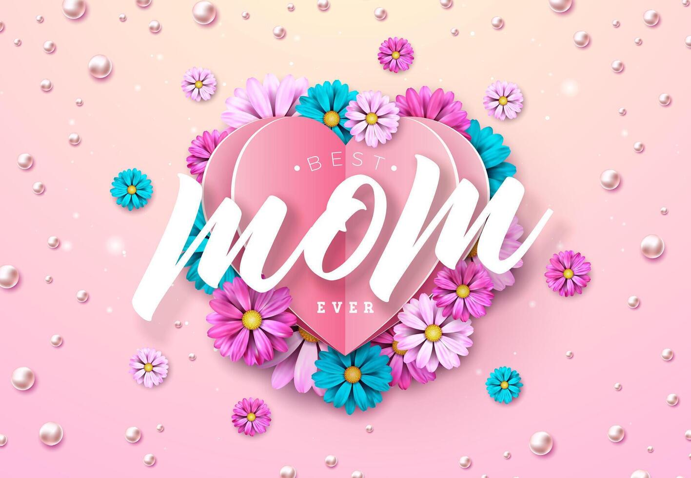 Happy Mother's Day Banner or Postcard with Paper Hearts and Colorful Spring Flower on Pink Background. Vector Mom Celebration Design with Symbol of Love for Greeting Card, Flyer, Invitation, Brochure