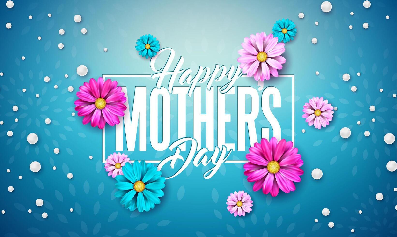 Happy Mother's Day Greeting Card Design with Flower and Typography Letter on Blue Background. Vector Celebration Illustration Template for Banner, Flyer, Invitation, Brochure, Poster.