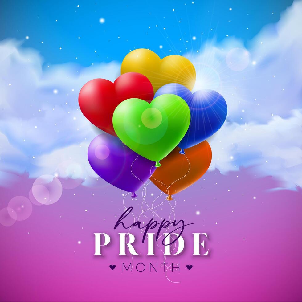 lgbtq orgullo mes ilustración con arco iris color globo en nublado cielo antecedentes. amor es amor humano derechos o diversidad concepto. vector lgbt evento bandera diseño para tarjeta postal, bandera, volantes,