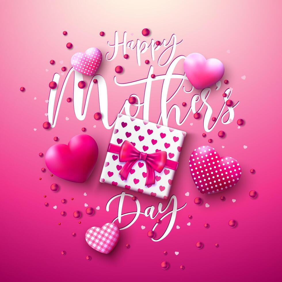 Happy Mother's Day Illustration with Heart and Gift Box for Mom on Pink Background. Vector Mother Day Design with Typography Lettering for Greeting Card, Banner, Flyer, Brochure, Poster.