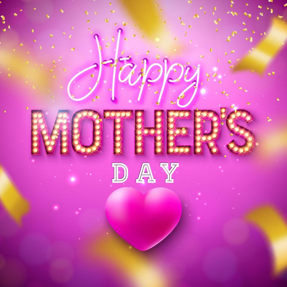 Happy Mother's Day Greeting Card Design with Heart, Glowing Neon Light Lettering and Falling Confetti on Violet Background. Vector Mother Day Celebration Illustration with Symbol of Love for Postcard