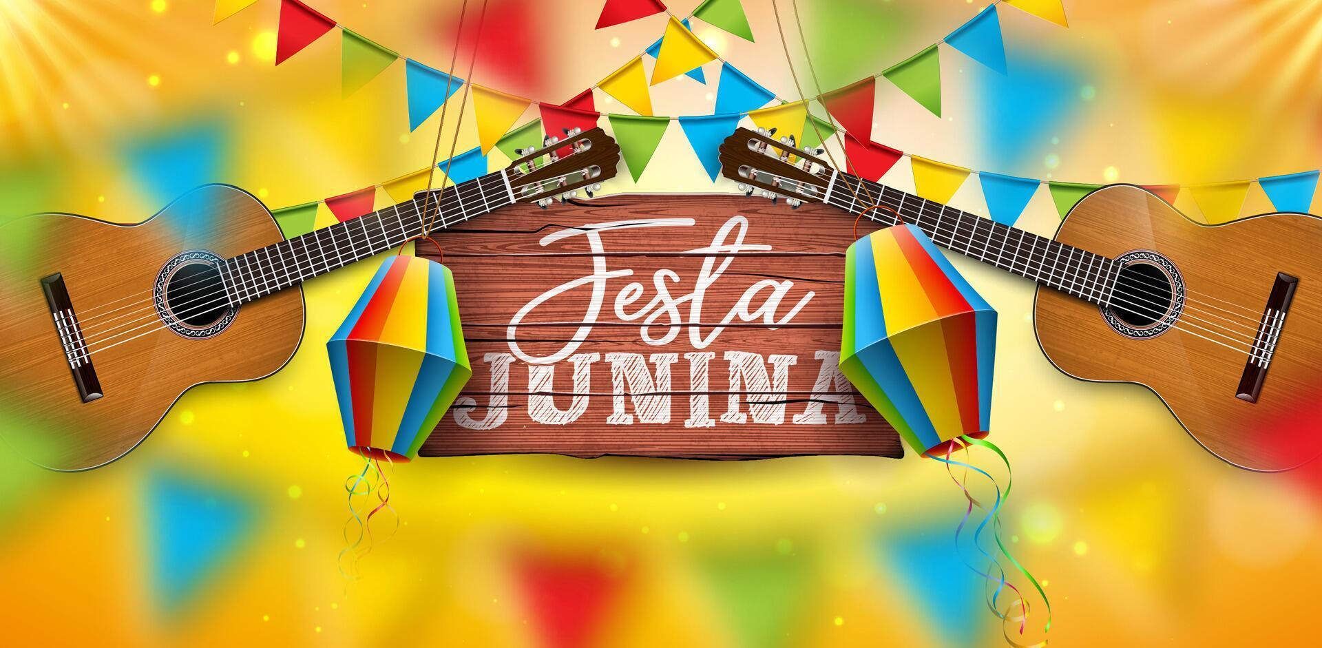 Festa Junina Illustration with Acoustic Guitar, Party Flags and Paper Lantern on Yellow Background. Typography on Vintage Wood Table. Vector Brazil June Festival Design for Greeting Card, Invitation