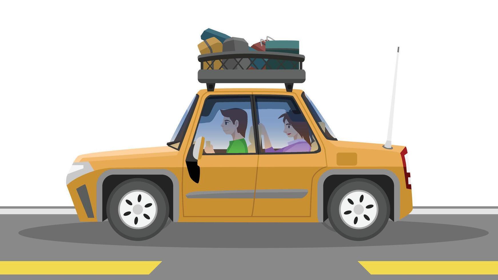 Obect vector or illustration of family trip on sedan car orange color. Driving on man with female passenger sit in the back. Cars have racks to carry luggage and other things for long distances.