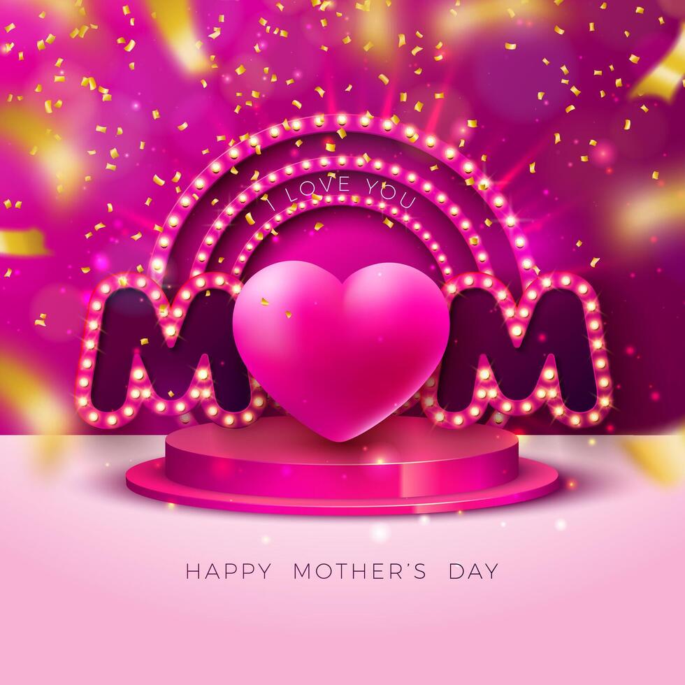 Happy Mother's Day Greeting Card Design with Heart and Glowing Light Bulb Typography Lettering on Violet Background. Vector Mother Day Celebration Illustration with Symbol of Love for Postcard
