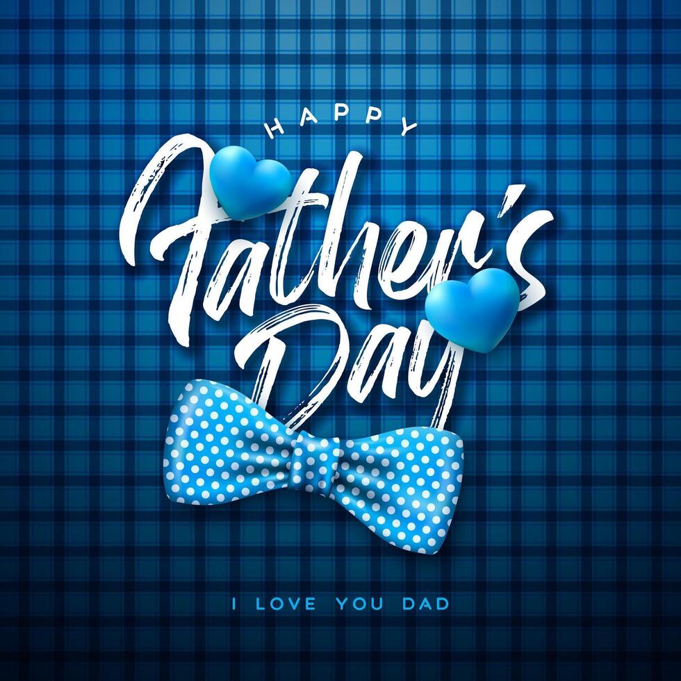 Happy Father's Day Greeting Card Design with Dotted Bow Tie and Blue Heart on Checkered Background. Vector Fathers Day Celebration Illustration for Best Dad. Template for Banner, Flyer or Poster.