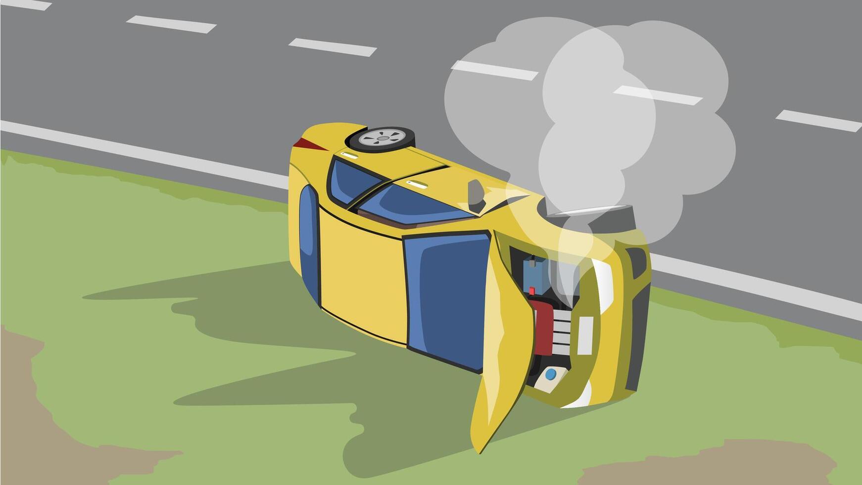 dibujos animados vector o ilustración de dañar coche. sedán coche amarillo color convertido terminado en sus lado y estaba en el lado de el la carretera. coche rompió apagado en el lado de el la carretera. el capucha abrió y fumar ondeó.