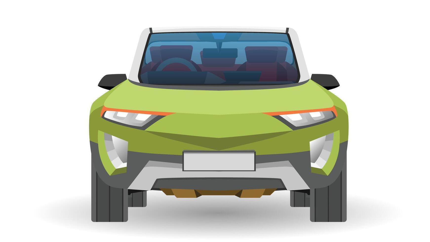 Cartoon vector or illustratoin of front view of car. Electric vehicle car green color. Separating the front and interior layers of the car. Isolated white background.
