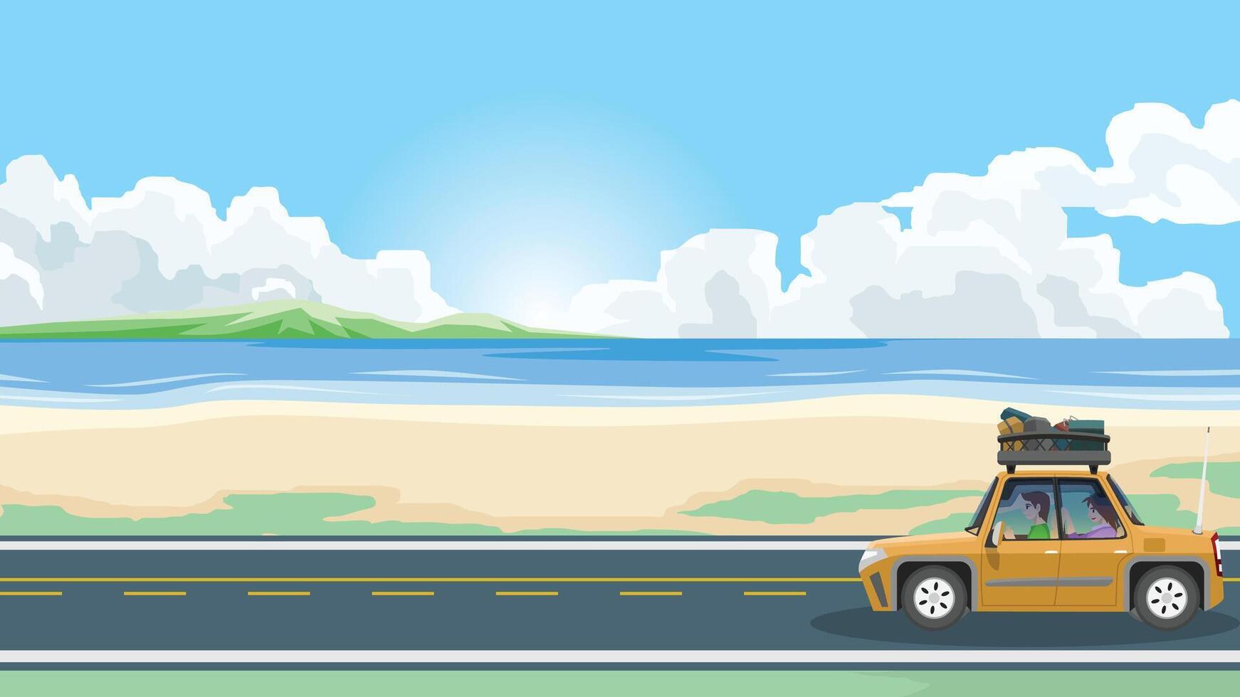 Family sedan with rack and full luggage. Families couples drive on smooth asphalt roads beside beaches and the vast sea. In the background there are pigs perched under clouds and a bright blue sky. vector