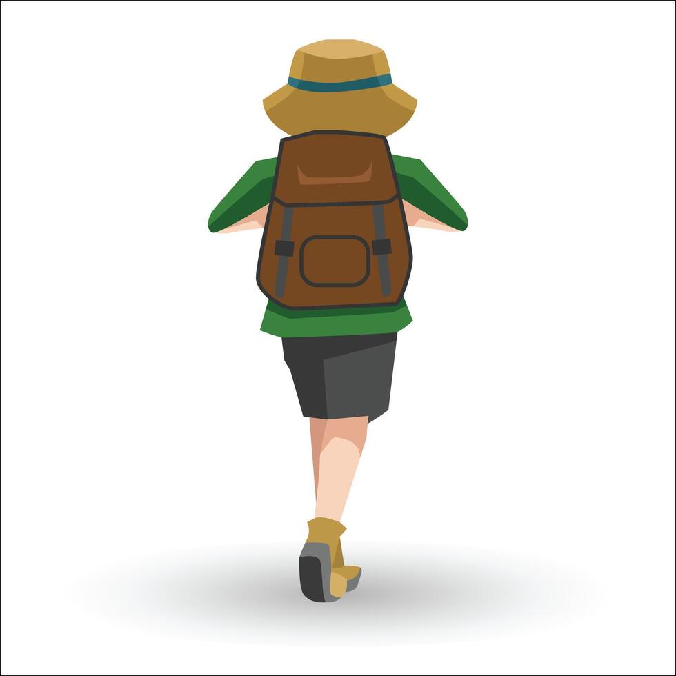 Vector or Illustrator of. Teenager with a suit travels in the forest and carries a backpack. With shadow on isolated white background.