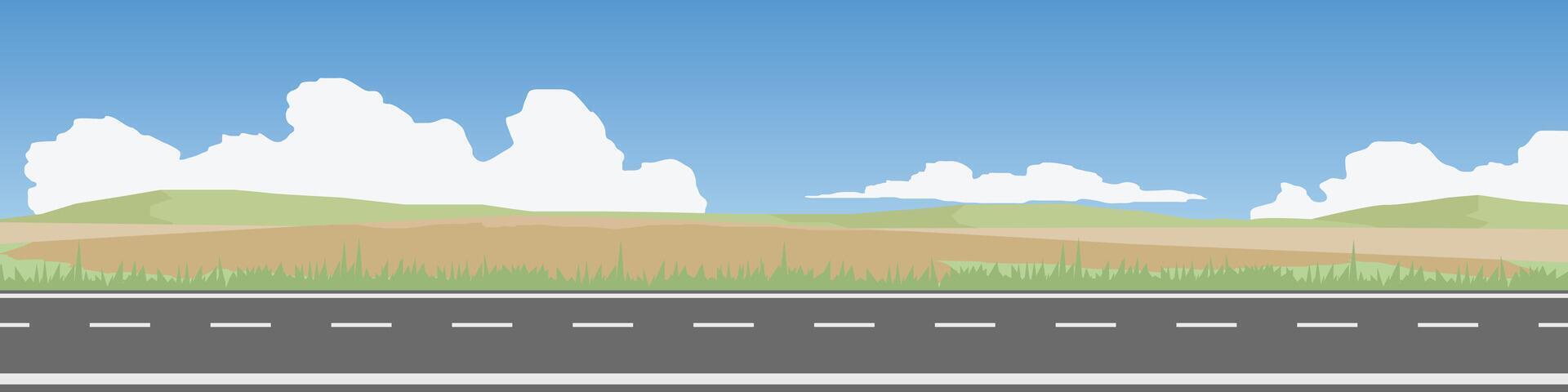 Horizontal view of Asphalt road.  Background of plain grassland and hills with mountain. Under the white clouds and blue sky. vector
