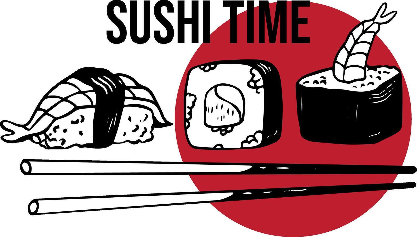 vector Sushi hora mano dibujado logo con plato palillos y especias aislado en blanco