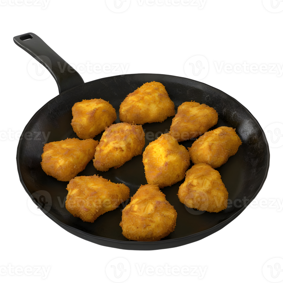 ai genererad 3d tolkning av en kyckling friterad nuggets i en panorera på transparent bakgrund - ai genererad png