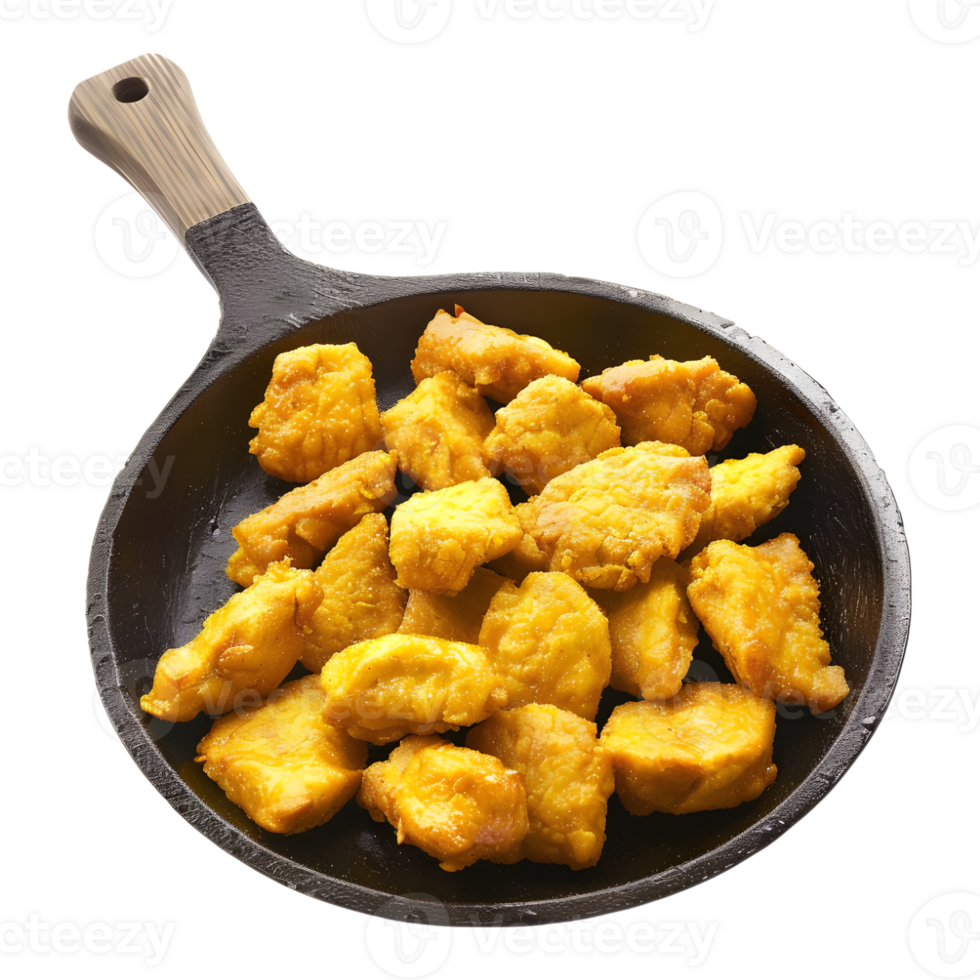 ai genererad 3d tolkning av en kyckling friterad nuggets i en panorera på transparent bakgrund - ai genererad png