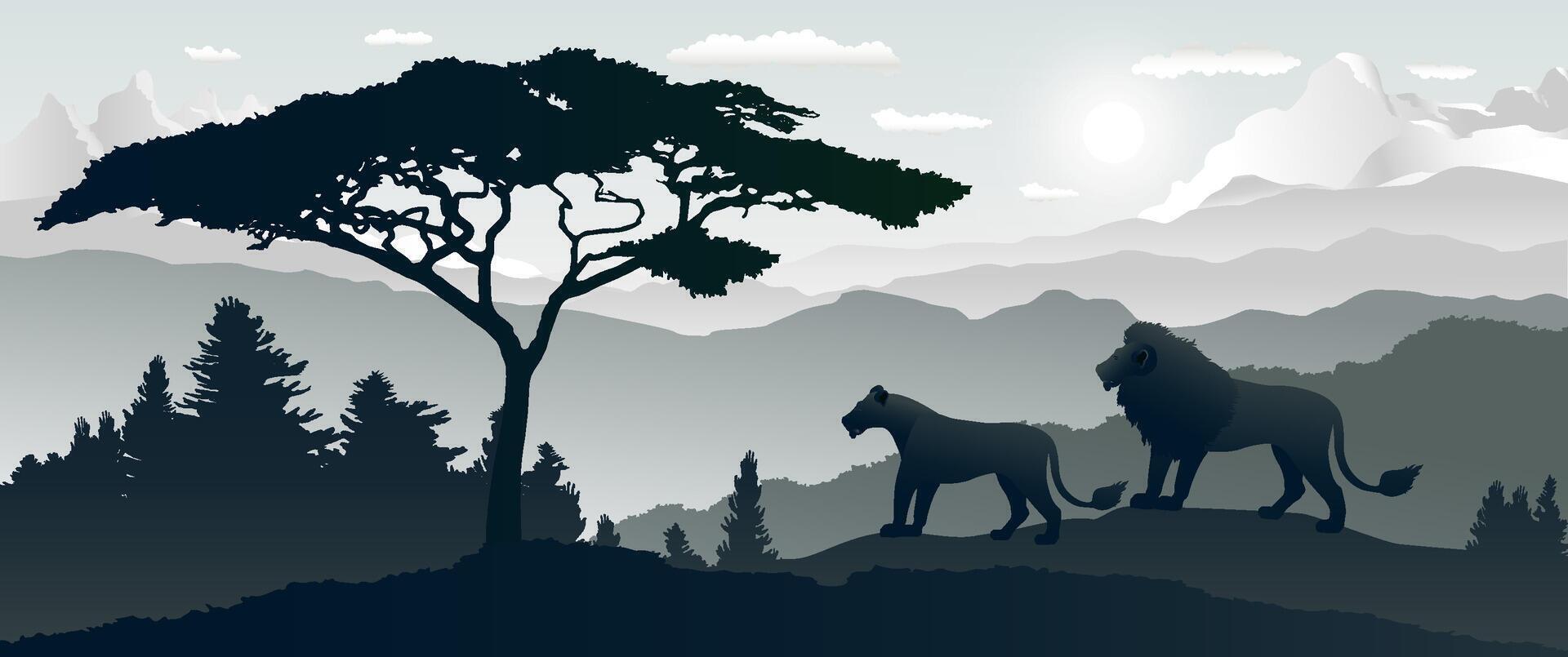 Lion family silhouettes, Vector illustration africa panorama landscape of forest.