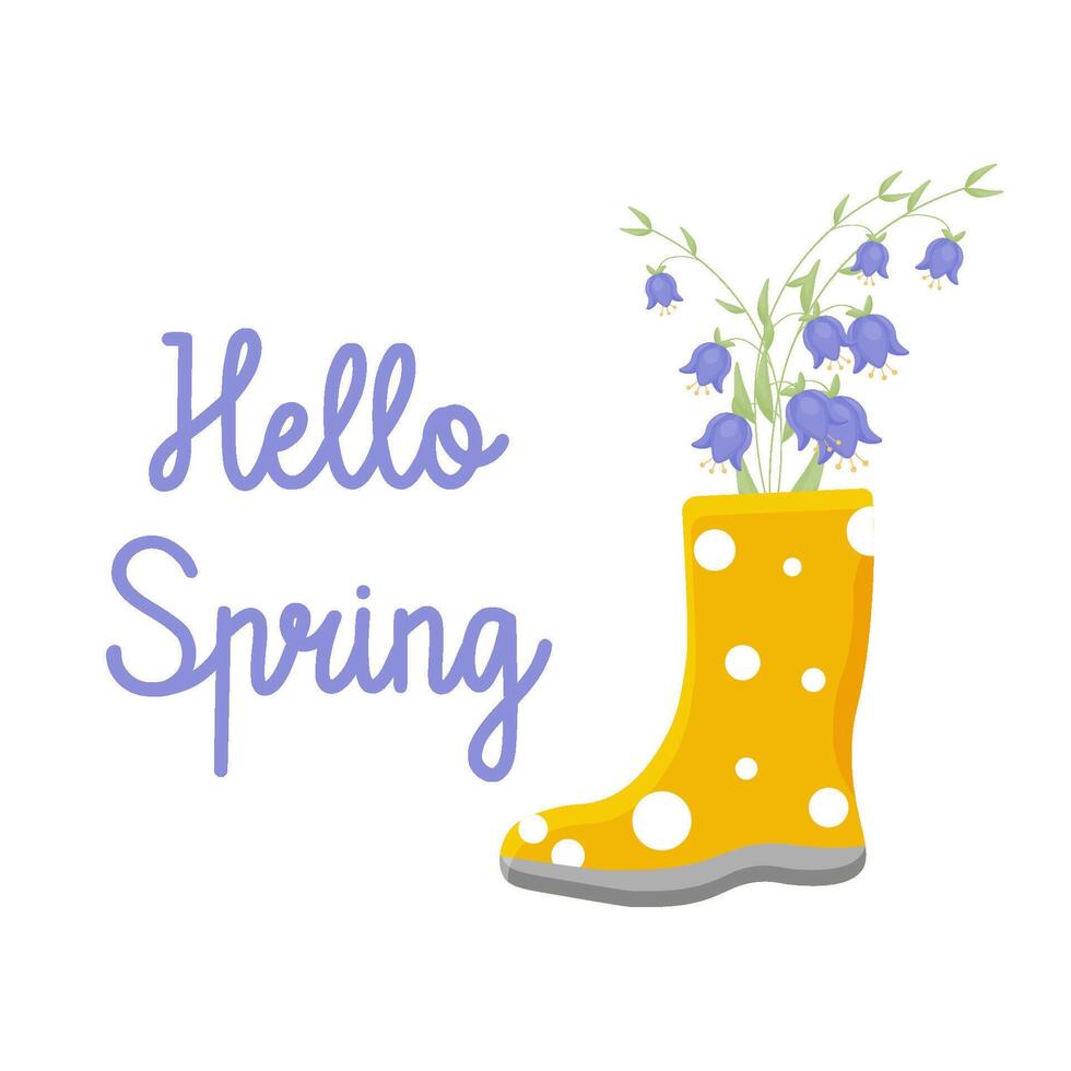 a bouquet of bluebells in yellow rubber boots. Hello spring. Gardening. vector illustration