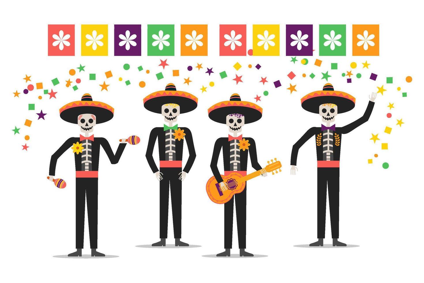 Cinco de Mayo greeting card, invitation. funny skeletons playing guitar, maracas. vector illustration