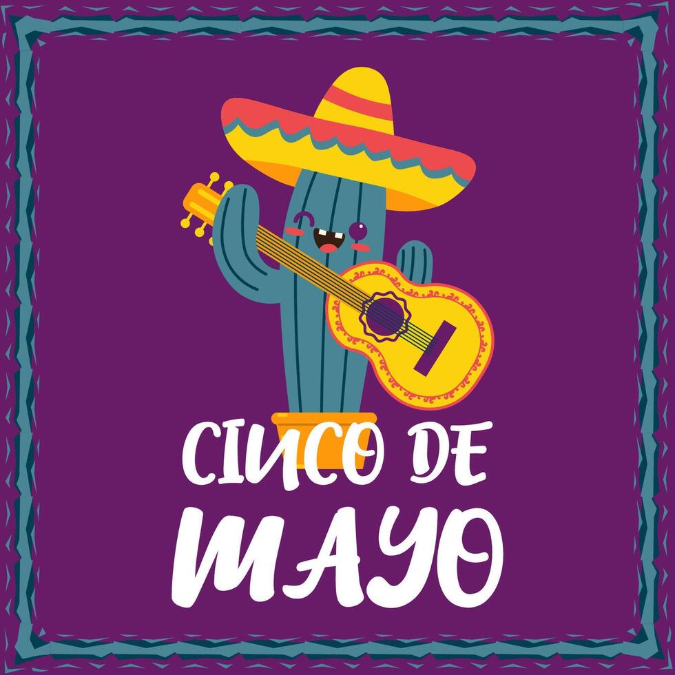 Cinco De Mayo poster design. Cute cartoon cactus with guitar. flat vector illustration