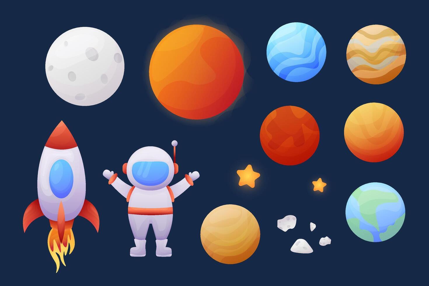 set Cartoon planets, astronaut, rocket, stars and meteorites on blue background. Vector