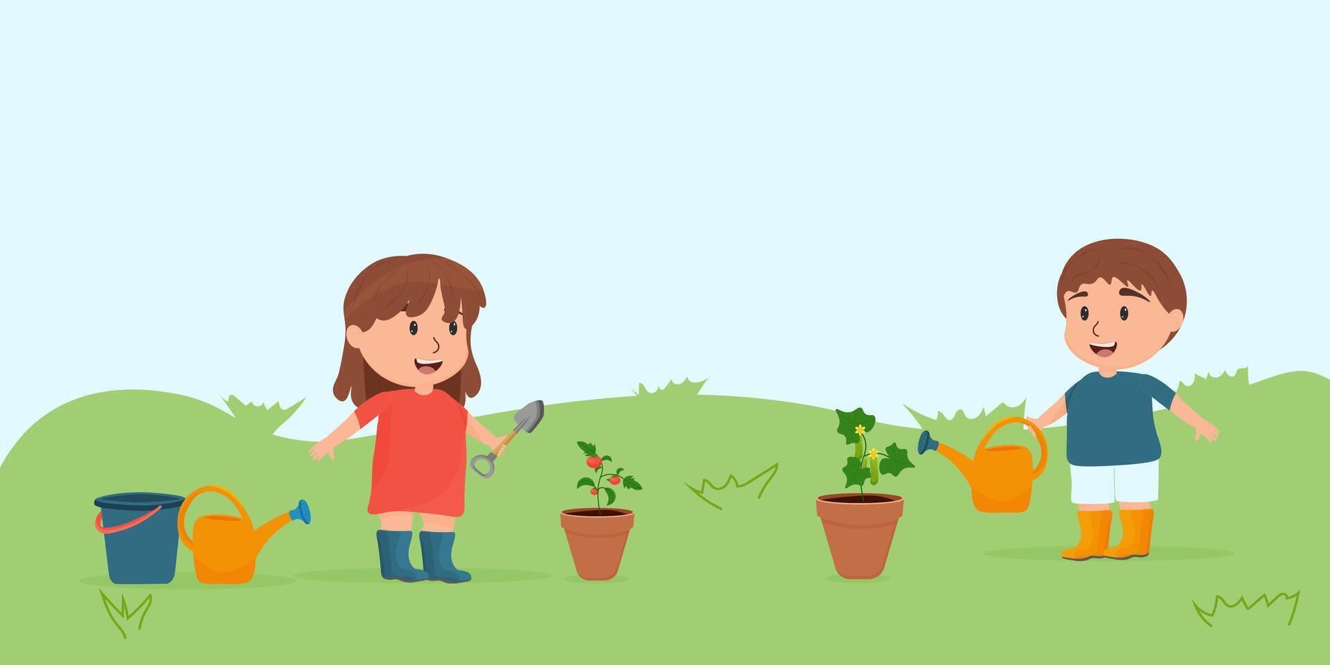 el niños plantado Tomates y pepinos un chico y un niña en el jardín. vector ilustración en un plano dibujos animados estilo