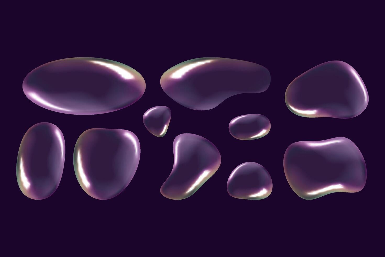 abstract 3D glass liquid shapes. liquid form with a holographic effect on a dark background. bubble of soapy water with reflection. vector illustration