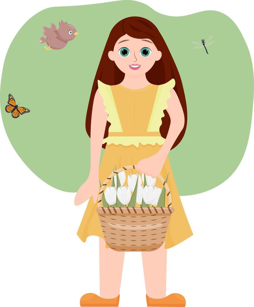 spring illustrations. a cute cartoon girl is holding a basket of tulips, birds are singing and butterflies are flying. vector