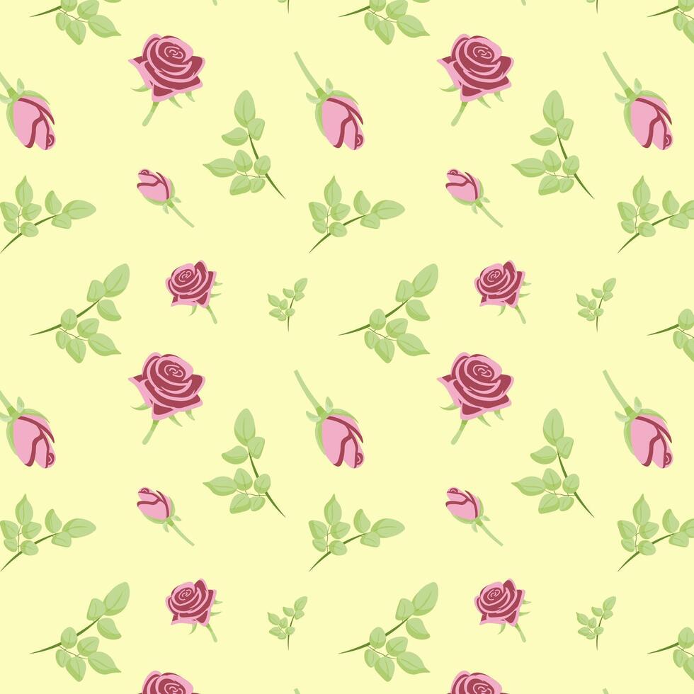 Vector  pattern with roses on yellow background. Flat vector illustration.