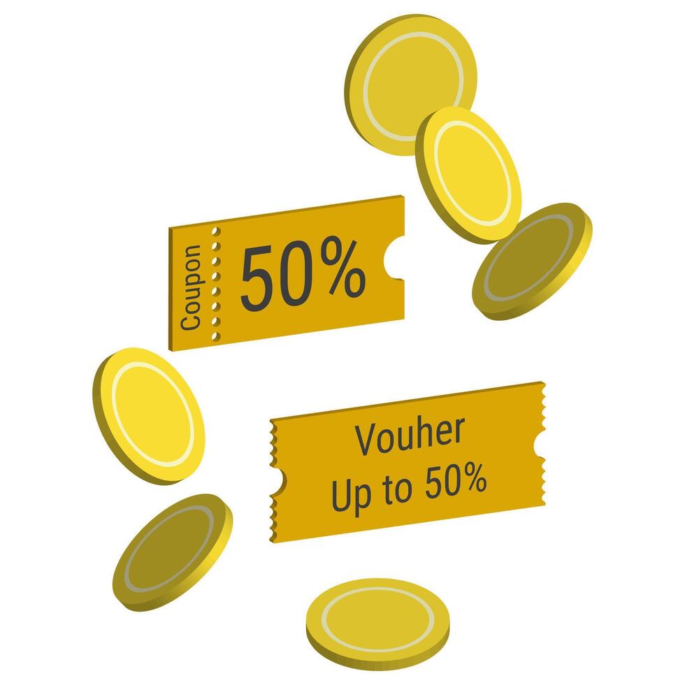 3D Gift voucher and coins. coupons 3d or voucher, gift or promotion. vector illustration.