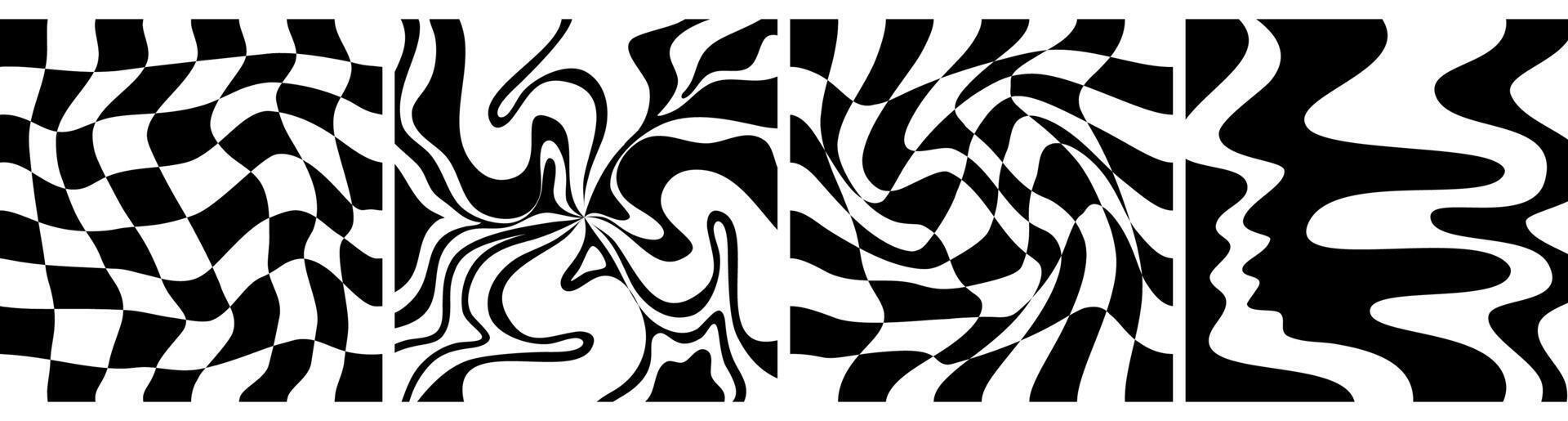 Checkerboard psychedelic pattern set black and white. Checkerboard background y2k retro grid. Psychedelic texture vector illustration.