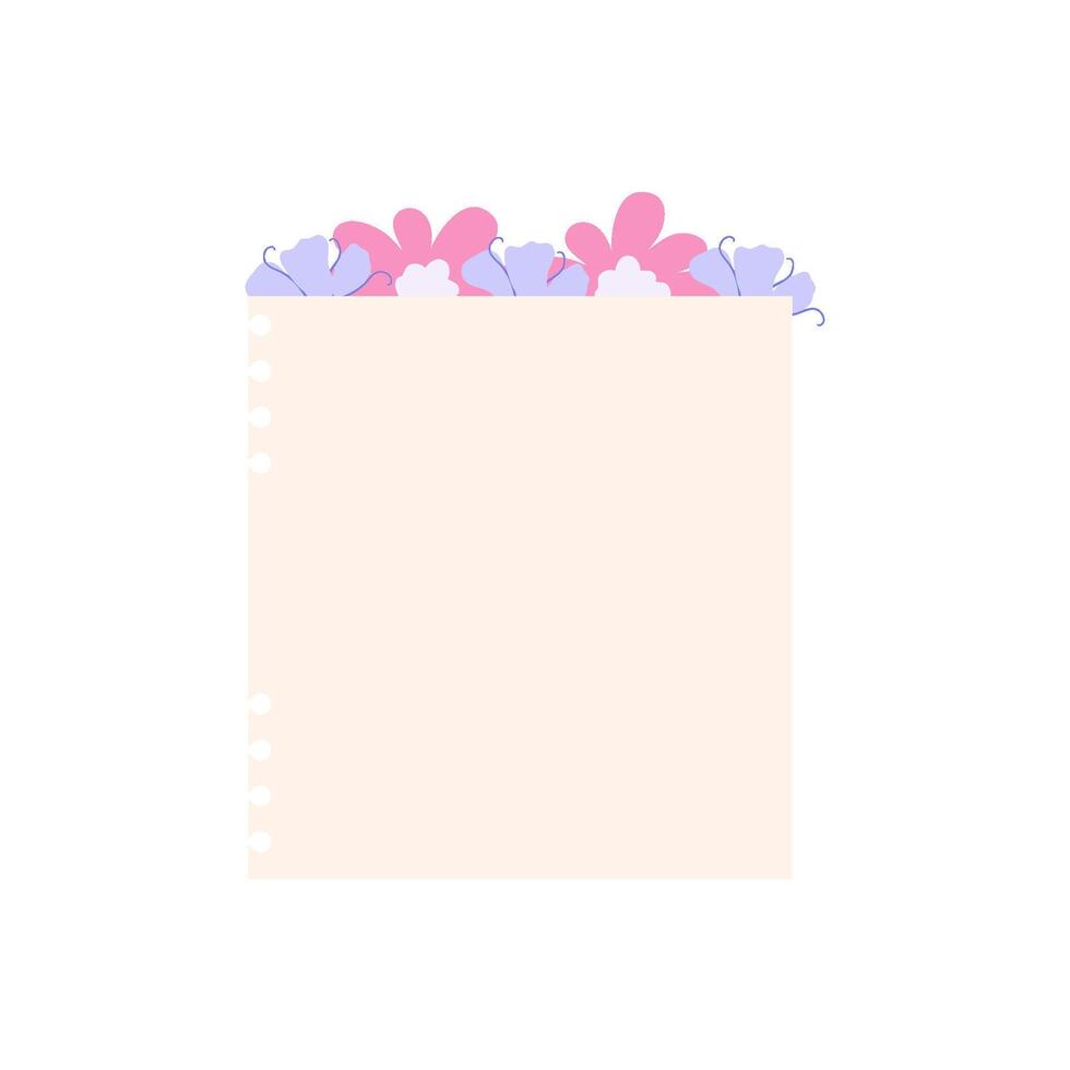 Cute Memo Notebook with flower paper frame for text. Planner sticker element sticky. Flat vector illustration. Cute Notes planner page.