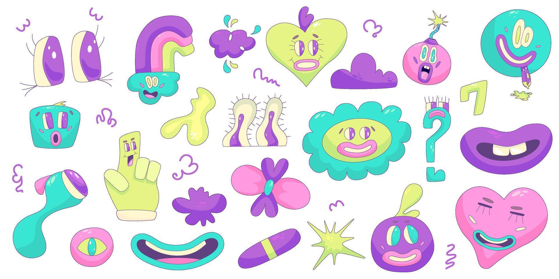 Psychedelic Character Funny set Face smile. Craetive comic trippy character cartoon graphic. Comic funny emotions. Vector illustration