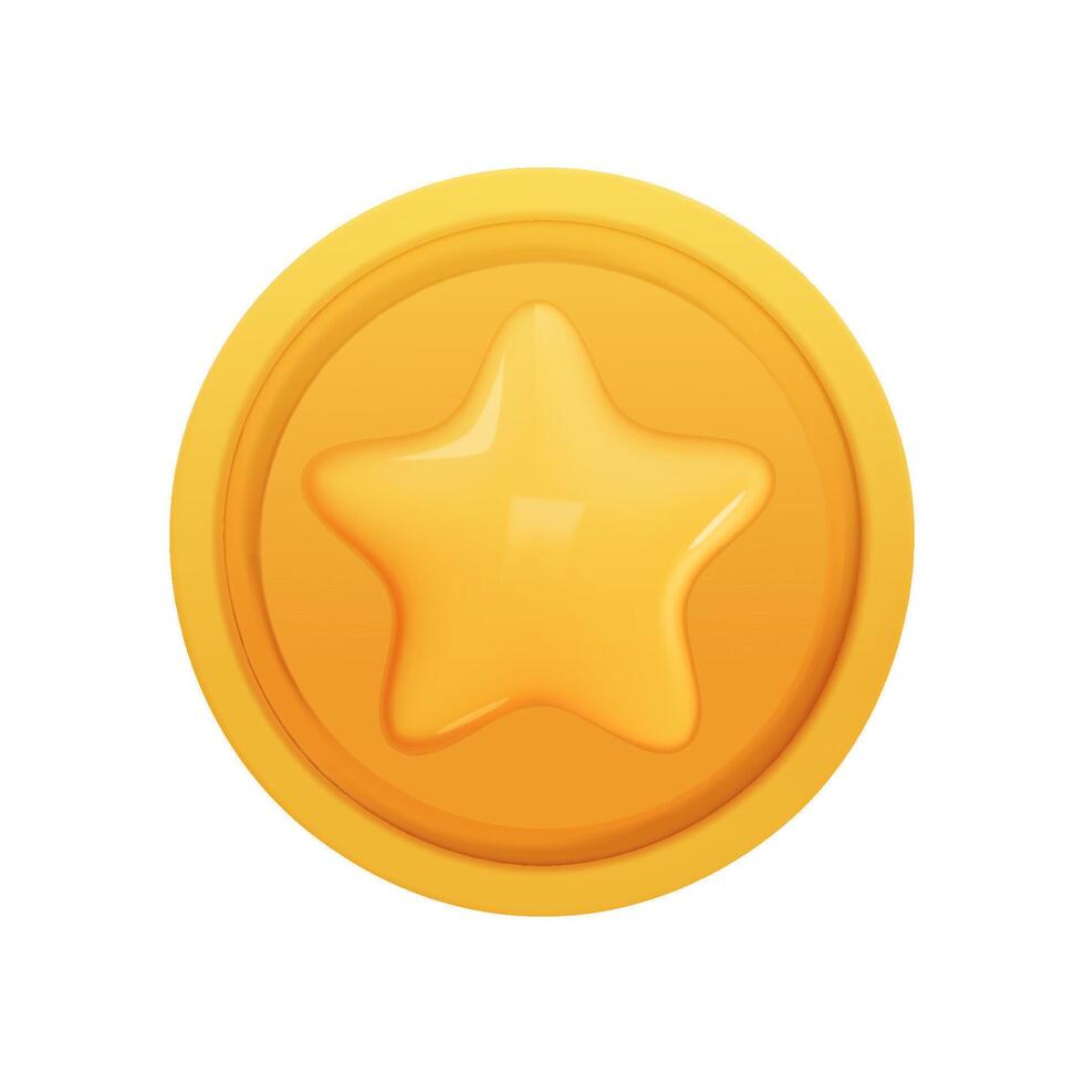 Gold Coin 3d render isolated. Game Money on white background. Coin with star for game reward and prize. Vector 3d illustration.