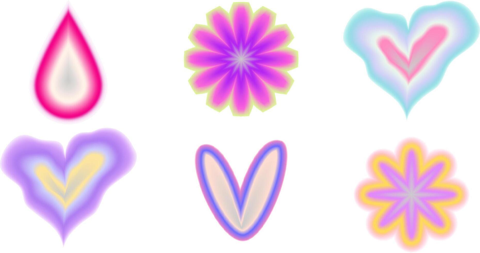 Gradient Y2K blur element set. Abstract aesthetic y2k shape blur heart, star and circle. Gradient vector illustration