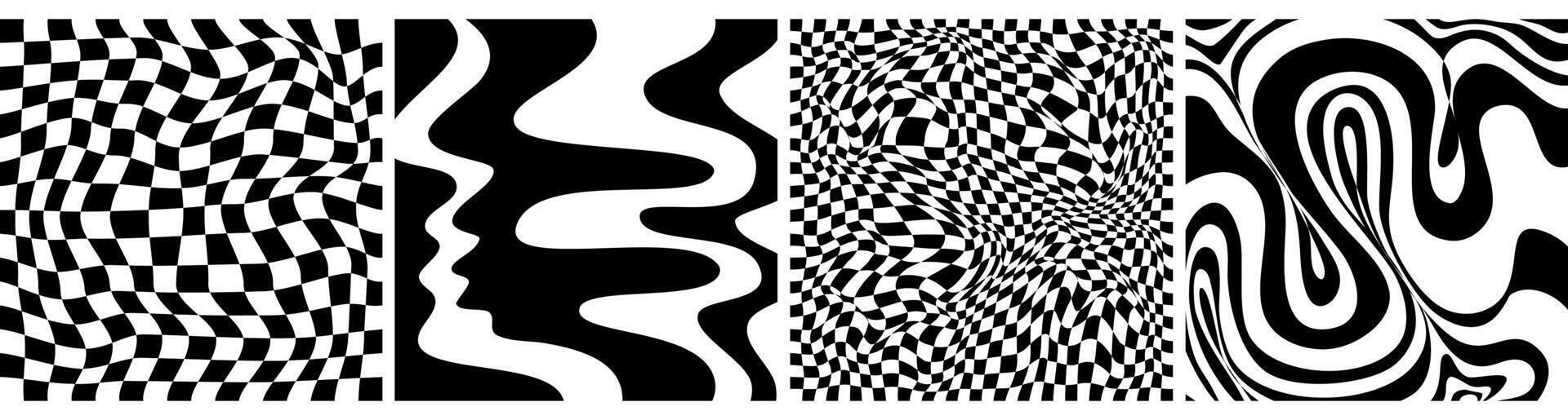 Checkerboard psychedelic pattern set black and white. Checkerboard background y2k retro grid. Psychedelic texture vector illustration.