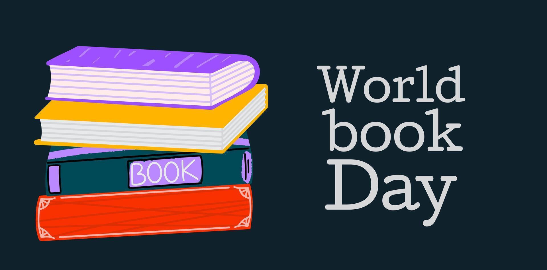 World book day banner. Stack of different colorful books. 23 April International book and copyright day. Vector illustration in flat style.