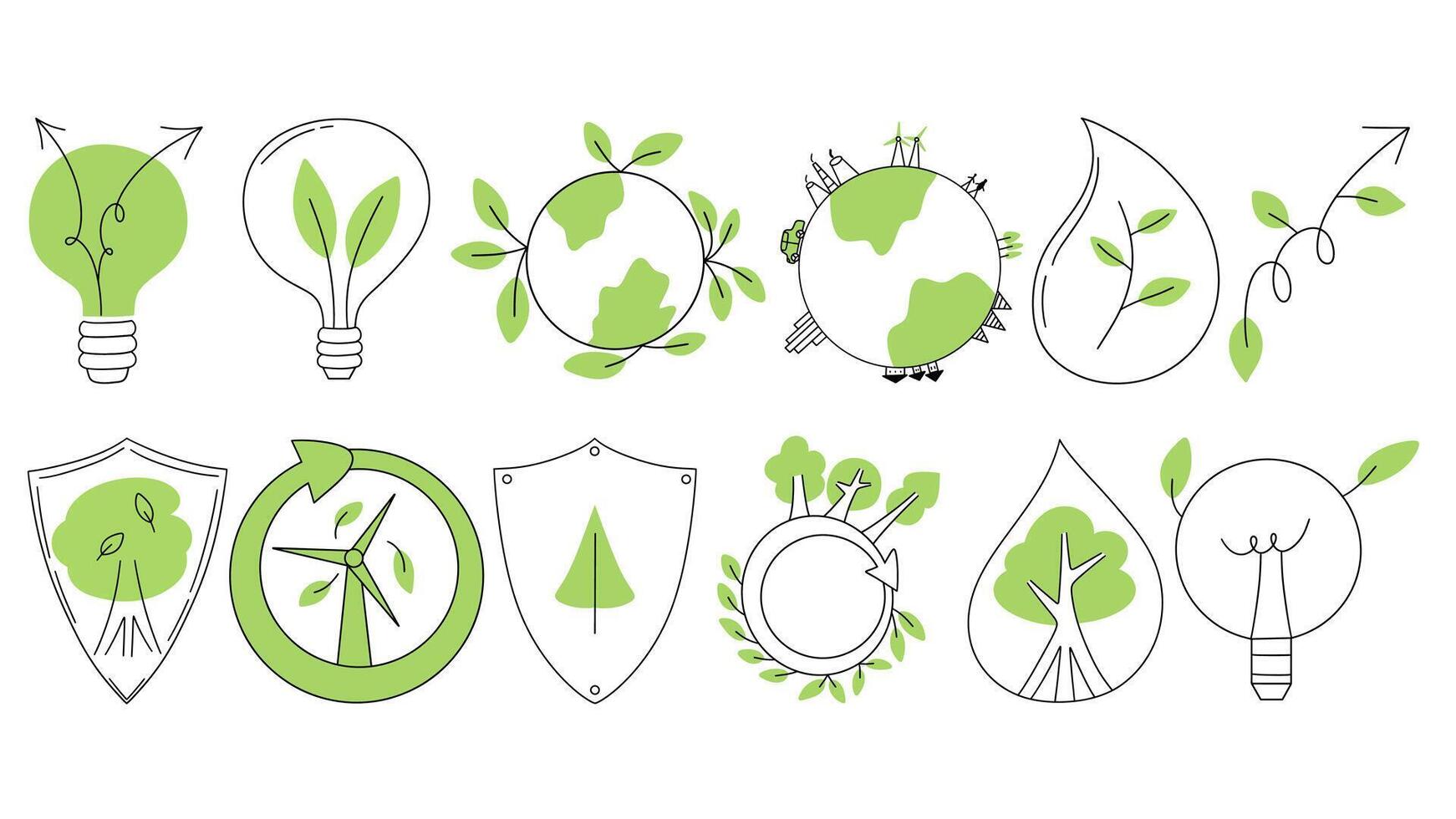 Esg concept  icons pack. Business set. Collection of conceptual graphic stickers. Symbols about environmental, social governance and  sustainability. Green vector illustration