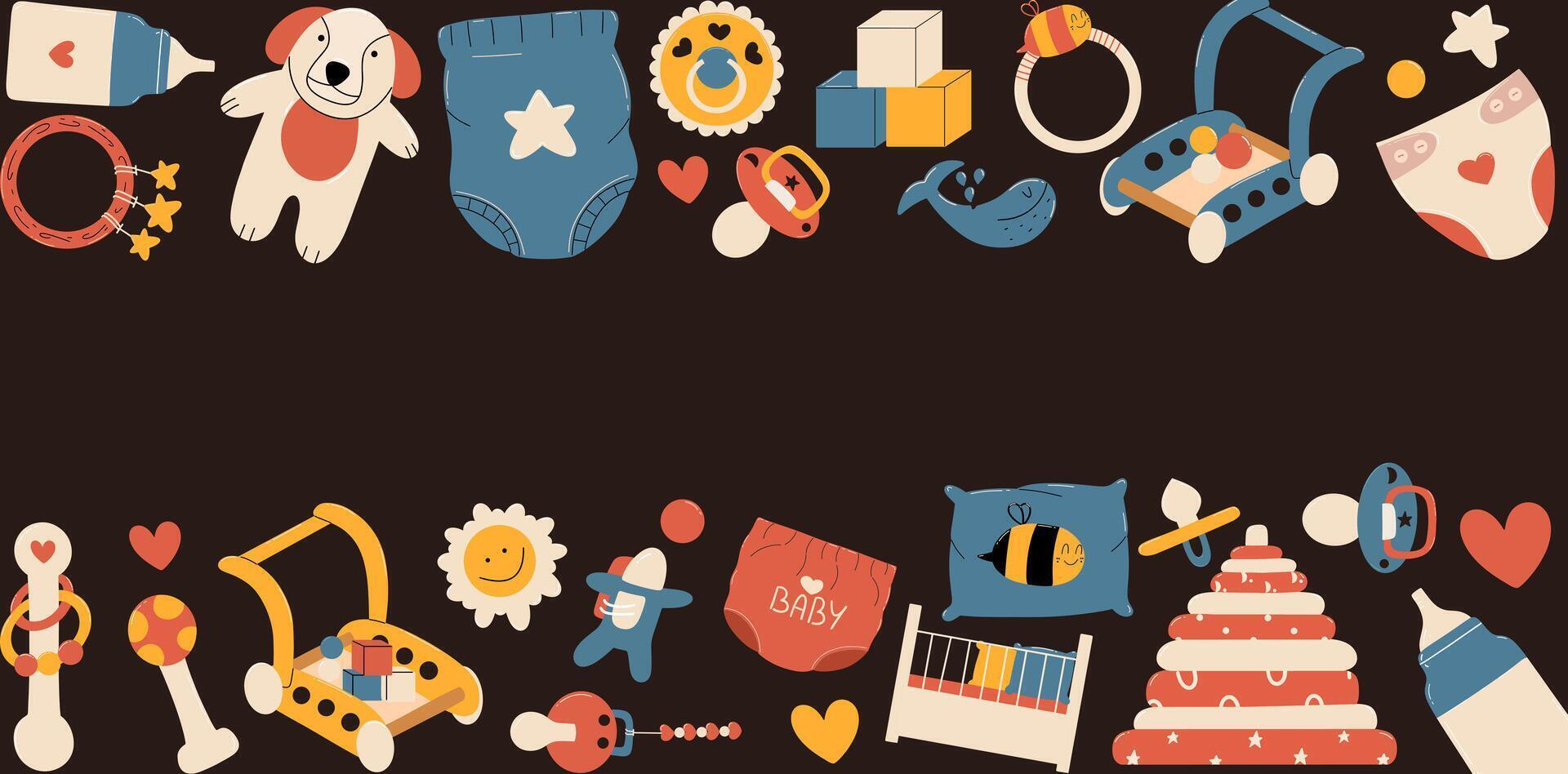 Set of newborn plastic and wooden toys. Kids banner, frame, banner. Vector illustration in flat style in black background.
